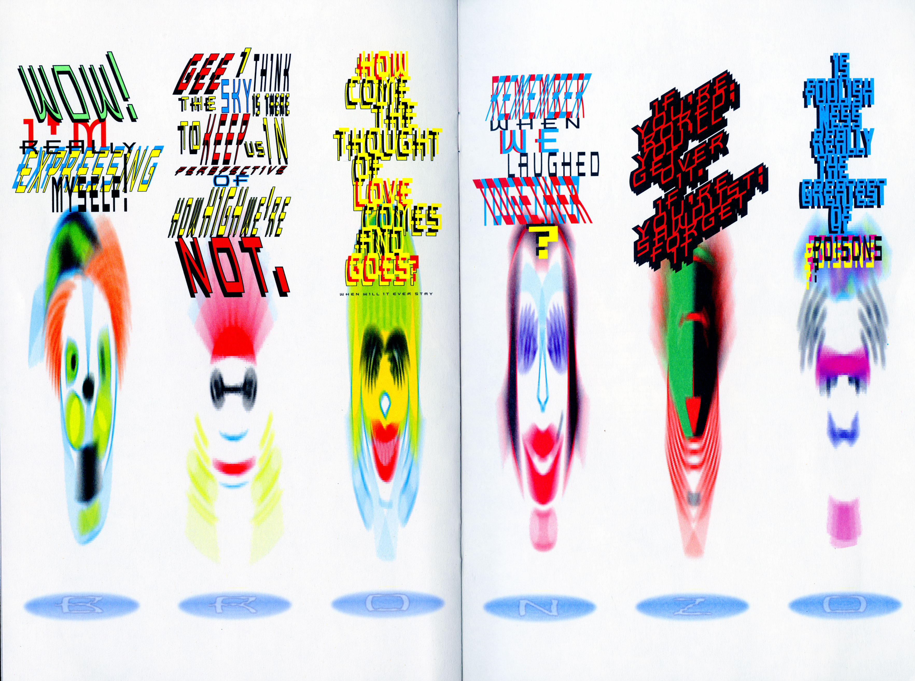 elongated clown faces with distorted type
